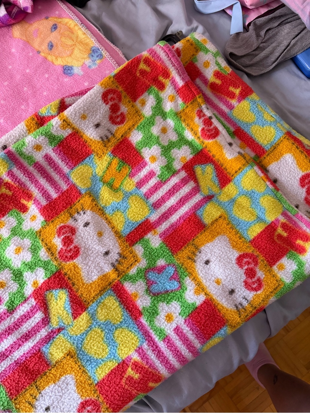 Hello Kitty Colorful Patchwork Plush Throw - Pink, Red, Yellow, Green, Blue
